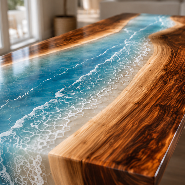 Walnut Coastal Tide Epoxy Resin Waterfall Table