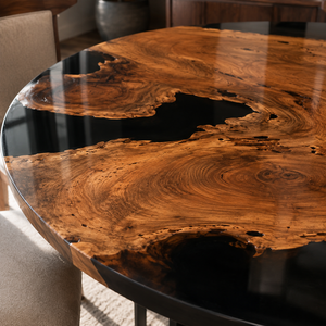 Black Walnut Wood Round Black River Epoxy Resin Dining Table