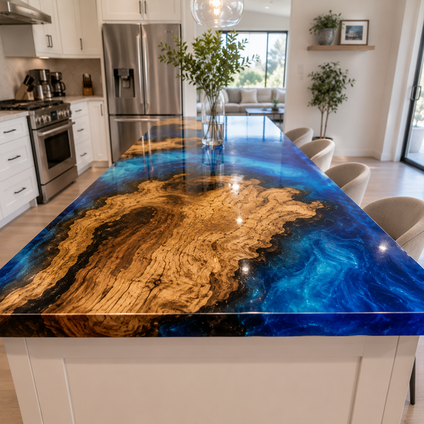 Olive Wood Ocean Blue Burl Epoxy Resin Countertop