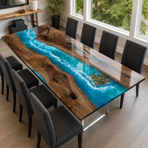 Black Walnut Coastal Island Blue Wave Epoxy Resin Dining Table