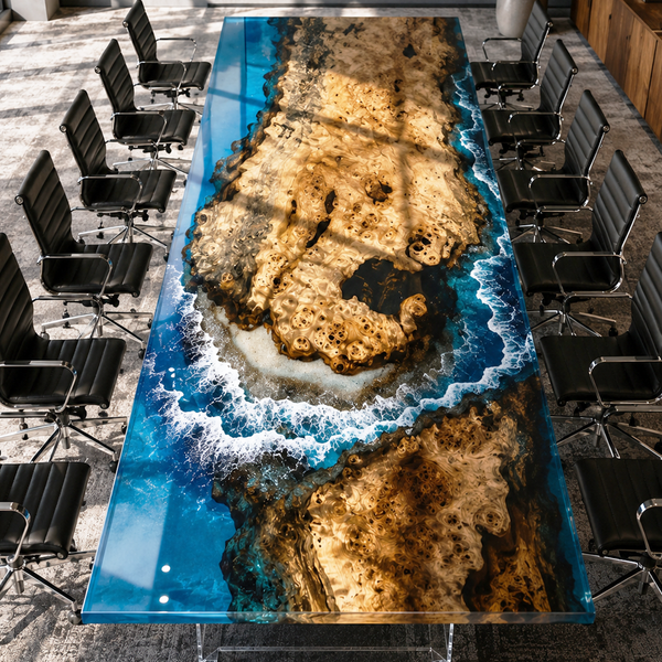Poplar Burl Coastal Wave Island Epoxy Resin Conference Table