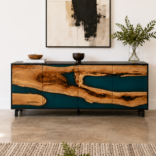 Olive Burl Deep Emerald Stream Epoxy Resin Storage Console