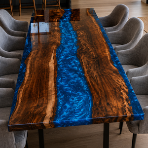 Black Walnut Wood Sapphire Blue River Epoxy Resin Dining Table