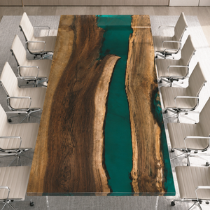 Black Walnut Wood Green River Translucent Epoxy Resin Conference Table