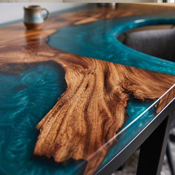 Walnut Wood L-Shaped Ocean Blue Flow Epoxy Resin Desk Table