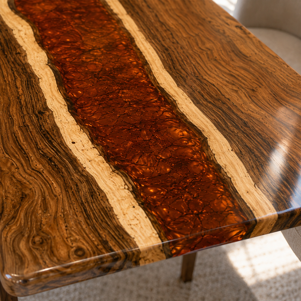 96" × 42" × 2" Walnut Amber Red River Epoxy Resin Dining Table