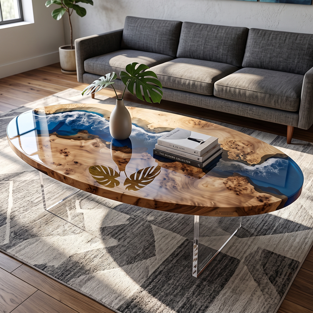 Poplar Ocean Wave Oval Epoxy Resin Coffee Table