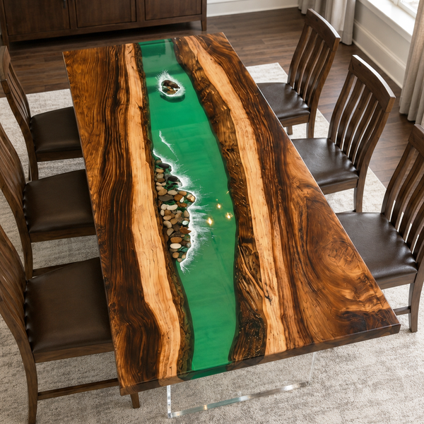 Walnut Coastal Pebble Green Island Epoxy Resin Dining Table