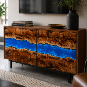 Golden Camphor Burl Blue River Epoxy Resin TV Console