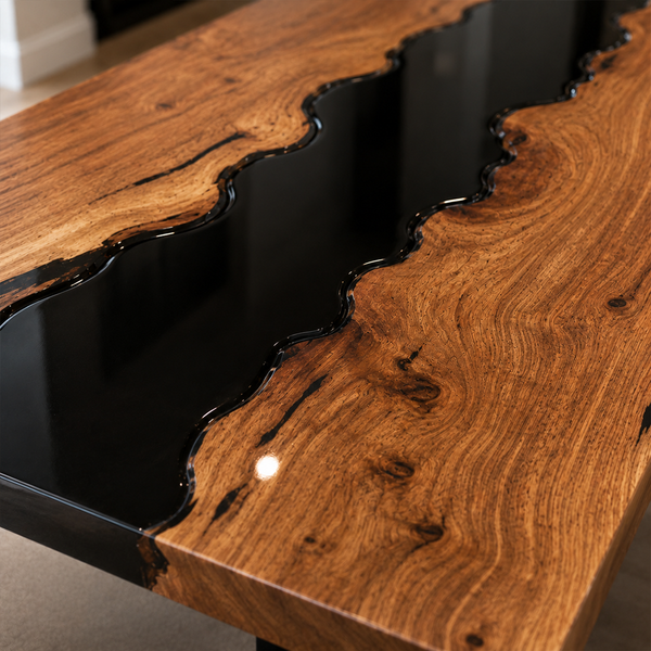 Black Walnut Wood Handcrafted Black River Epoxy Resin Dining Table