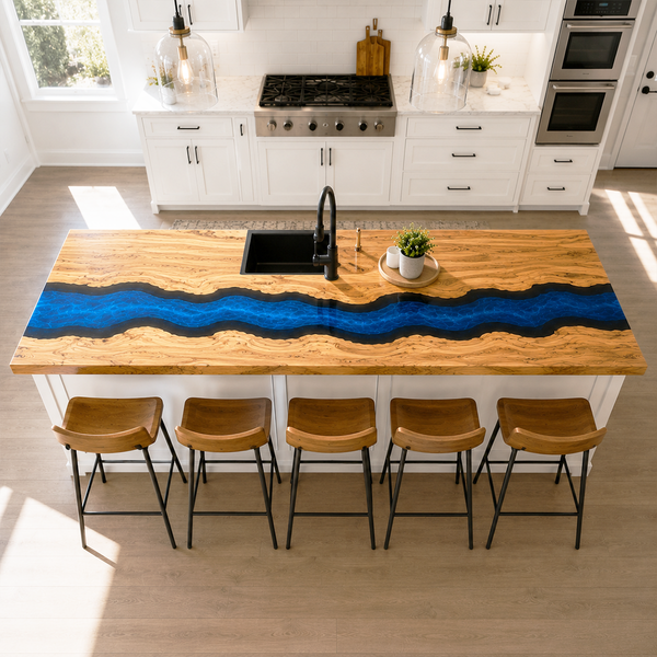Olive Wood Modern Blue River Epoxy Resin Countertop