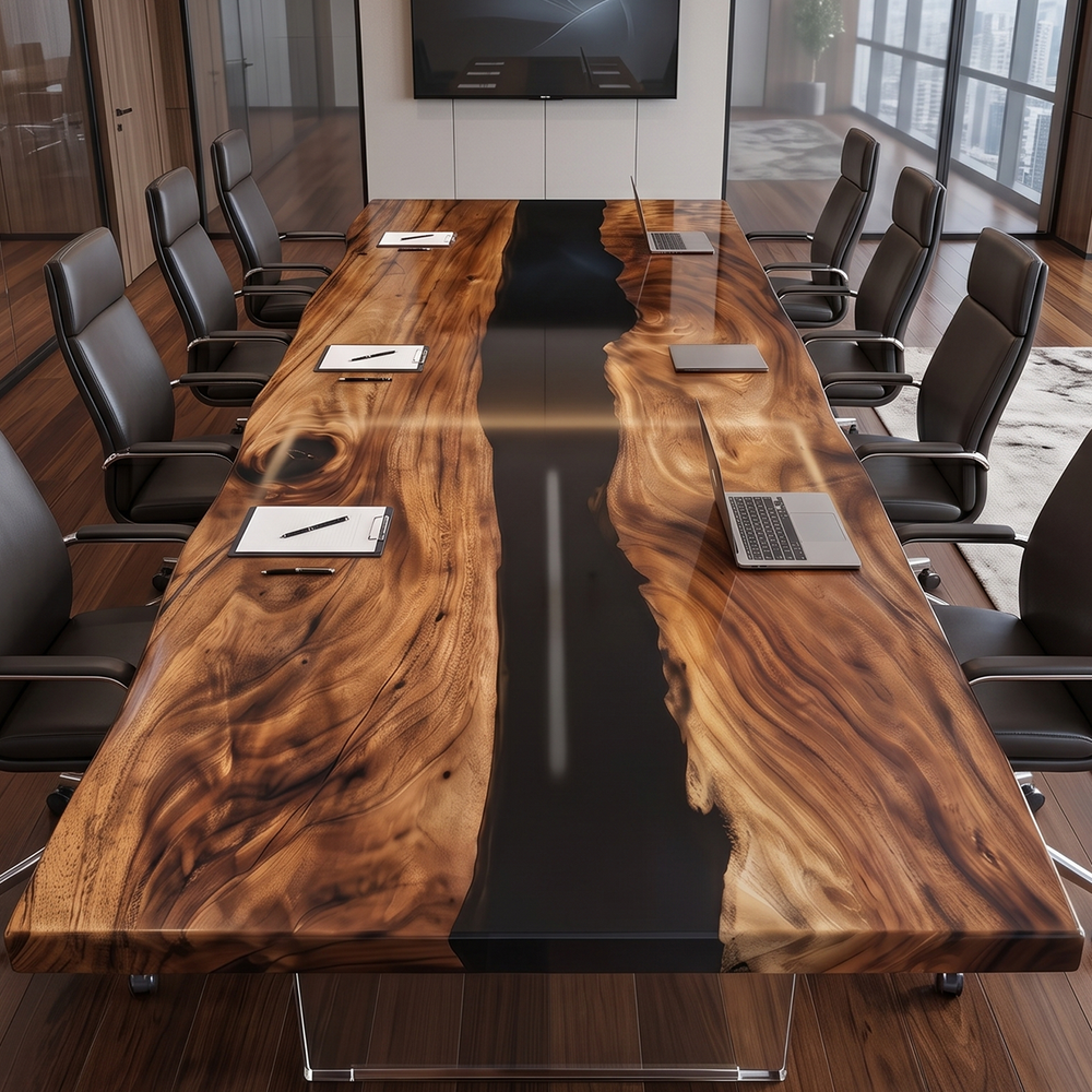 Walnut Wood Black Transparent River Epoxy Resin Conference Table