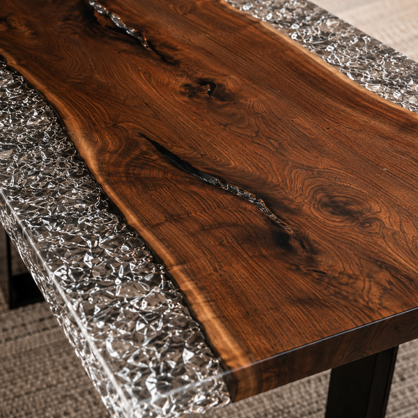 Black Walnut Wood Crystal Ice Patterned Edge Epoxy Resin Dining Table