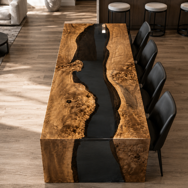 Poplar Burl Black Transparent Epoxy Resin Waterfall Table
