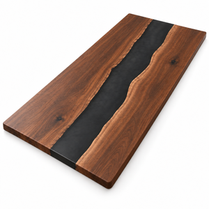 Overhead view of the rectangular black walnut and black epoxy river design on a white background.