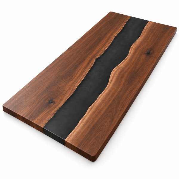 Overhead view of the rectangular black walnut and black epoxy river design on a white background.