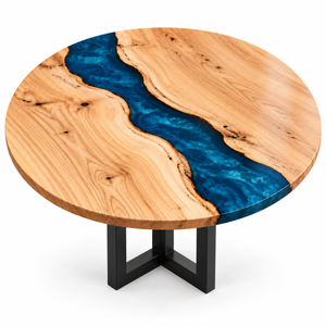 Complete round ash and blue epoxy dining table with its black frame base on white.
