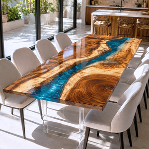 Walnut Vibrant Blue River Epoxy Resin Dining Table