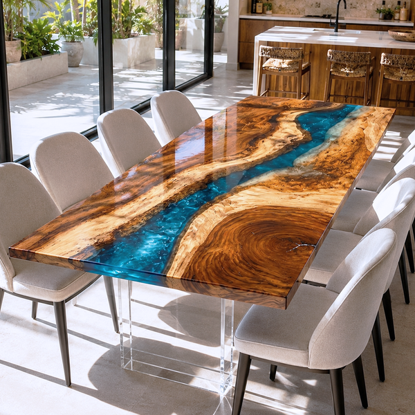 Walnut Vibrant Blue River Epoxy Resin Dining Table