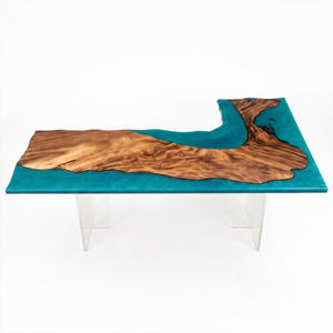 Walnut Wood L-Shaped Ocean Blue Flow Epoxy Resin Desk Table