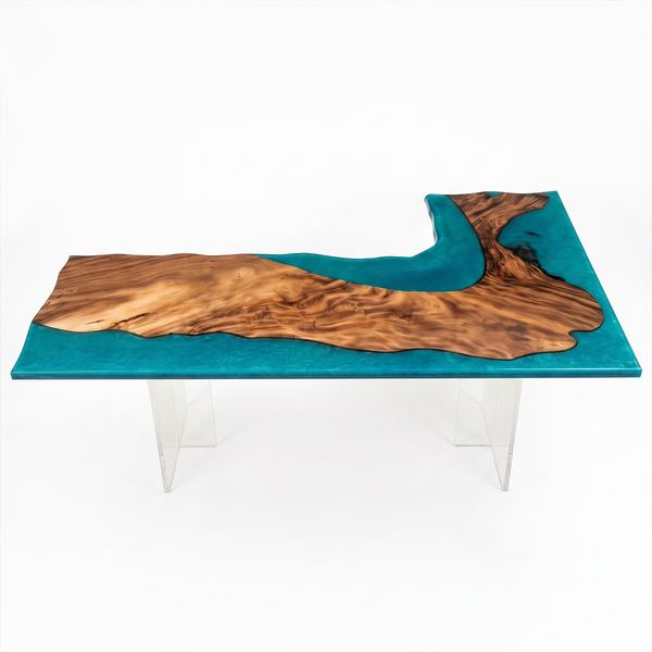 Walnut Wood L-Shaped Ocean Blue Flow Epoxy Resin Desk Table