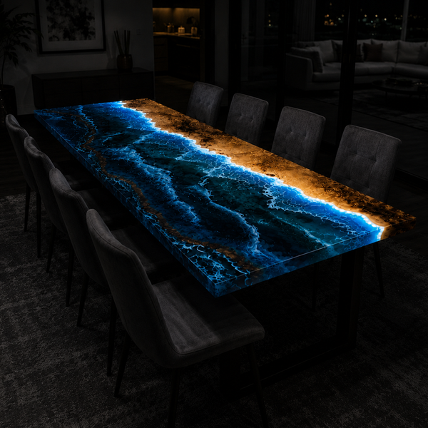 Poplar Wood Sea Wave Fluorescent Epoxy Table