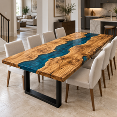 Angled view of an olive wood dining table with a blue epoxy resin river beside an open kitchen