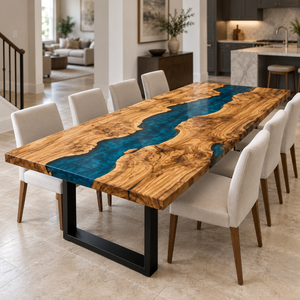 Angled view of an olive wood dining table with a blue epoxy resin river beside an open kitchen