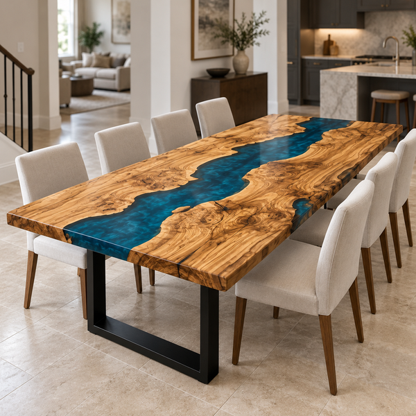 Angled view of an olive wood dining table with a blue epoxy resin river beside an open kitchen