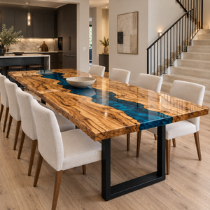 Olive wood dining table with a blue epoxy resin river, cream chairs, and a stone bowl beside a staircase
