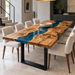 Angled view of an olive wood and blue epoxy resin dining table with a stone bowl beneath a pendant light