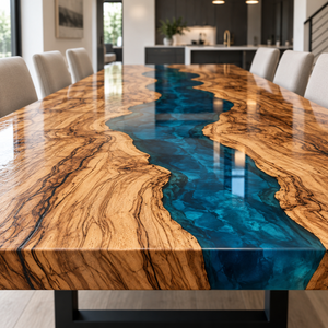 Close-up along an olive wood tabletop showing detailed grain and a blue epoxy resin river through the front edge