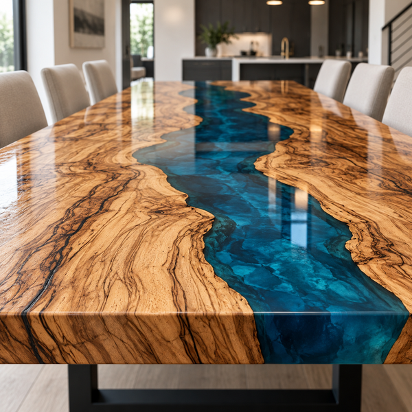 Close-up along an olive wood tabletop showing detailed grain and a blue epoxy resin river through the front edge